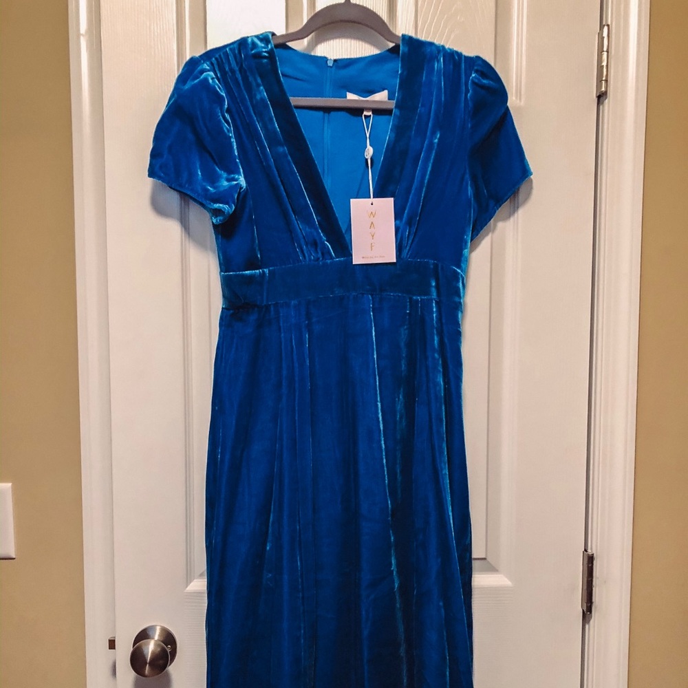Velvet Blue Wayf A-Line Deep V Dress
